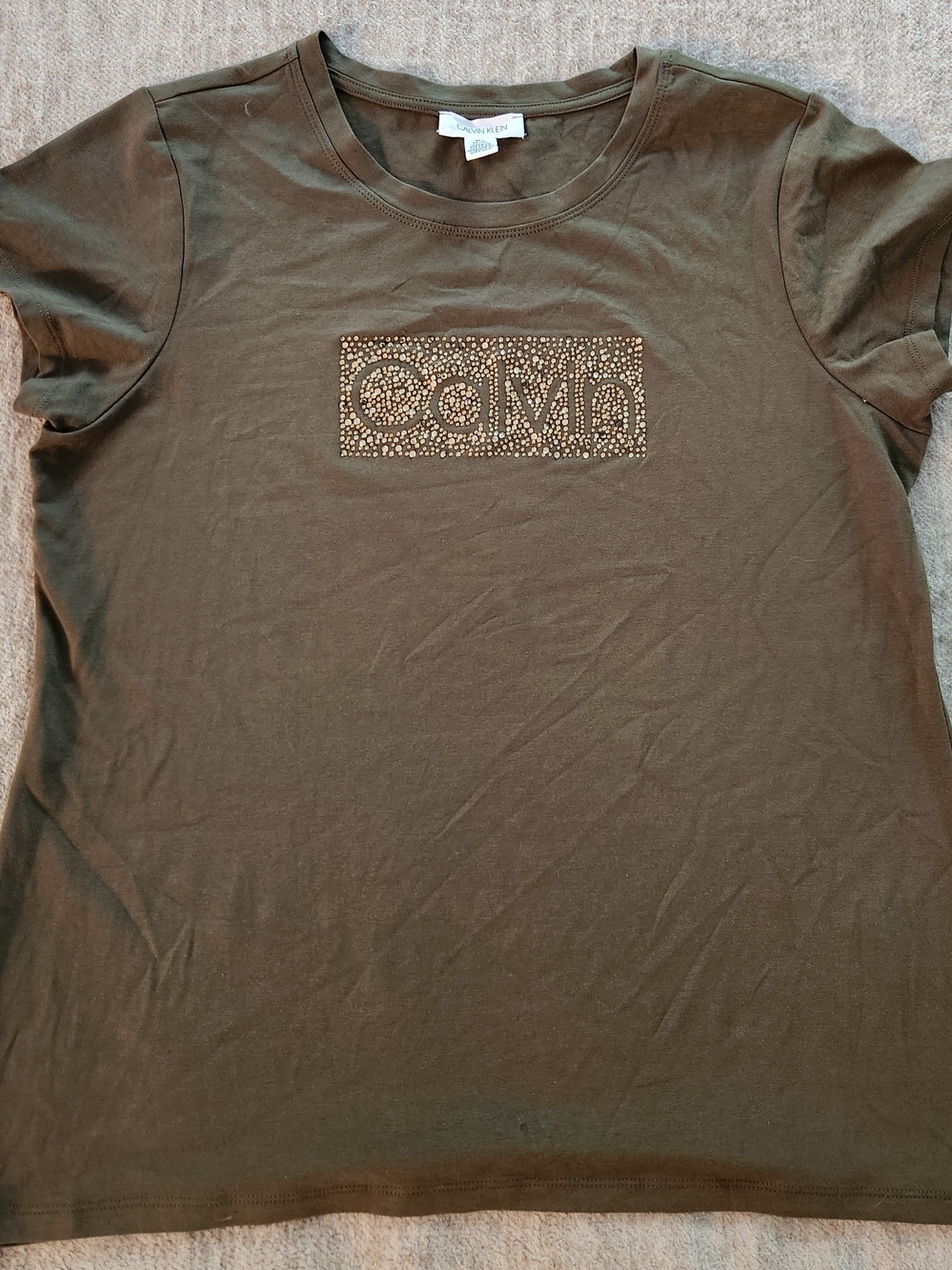 Calvin Klein Womens M Olive Green Rhinestone Studded Box Logo T-Shirt Tee Medium